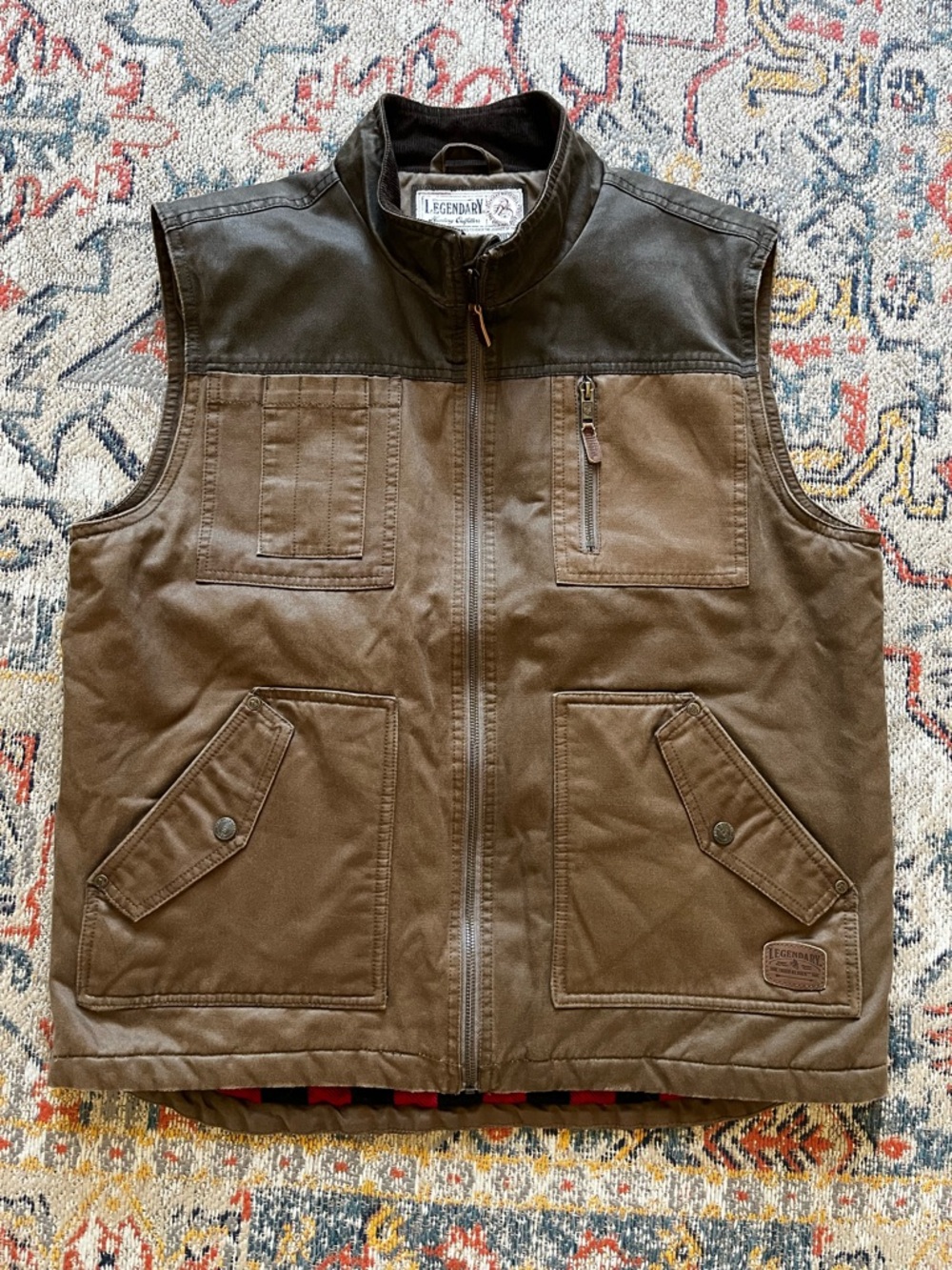 Legendary Whitetails Brown Canvas Vest with Red and Black Plaid Lining L